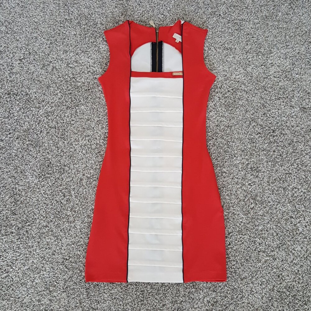 Bodycon Bandage Dress Color Block Red White Scuba Square Neckline Sleeveless